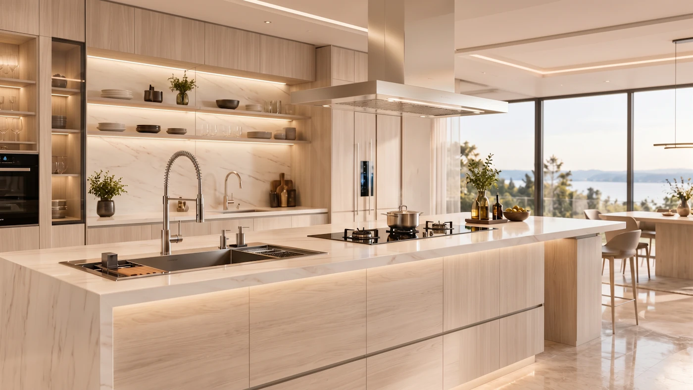 Luxury modern kitchen interior with modern sink and fittings